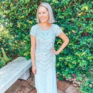 Adriana Papell Blue Short Sleeve Beaded Blouson Gown, Dusty Blue in Women’s 2